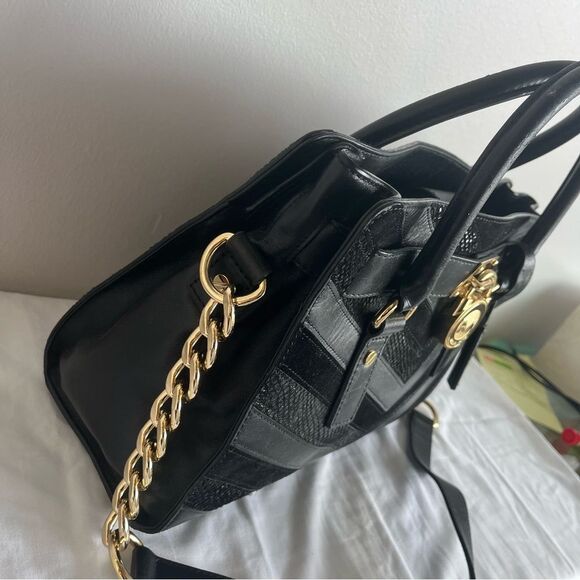 MICHAEL KORS Chevron Stripe Snakeskin Hamilton Satchel Tote Jet Set Raven Fulton - Picture 3 of 11